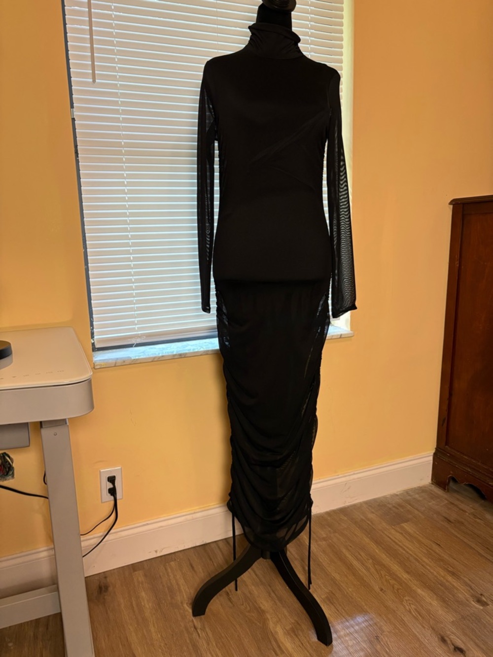 Wayf Black Long Sleeve Maxi Dress with Ruched Skirt